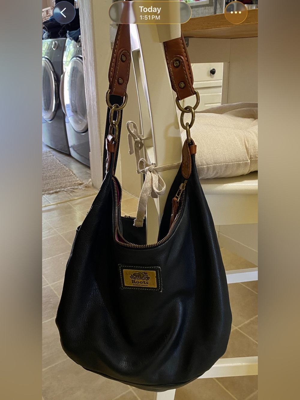ROOTS VINTAGE Black Leather Hobo with Brown Strap